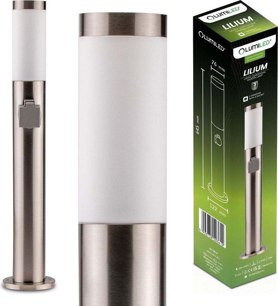 Lampa Ogrodowa Zewnętrzna E27 INOX SŁUPEK 65cm z Gniazdem Zdjęcie produktu 