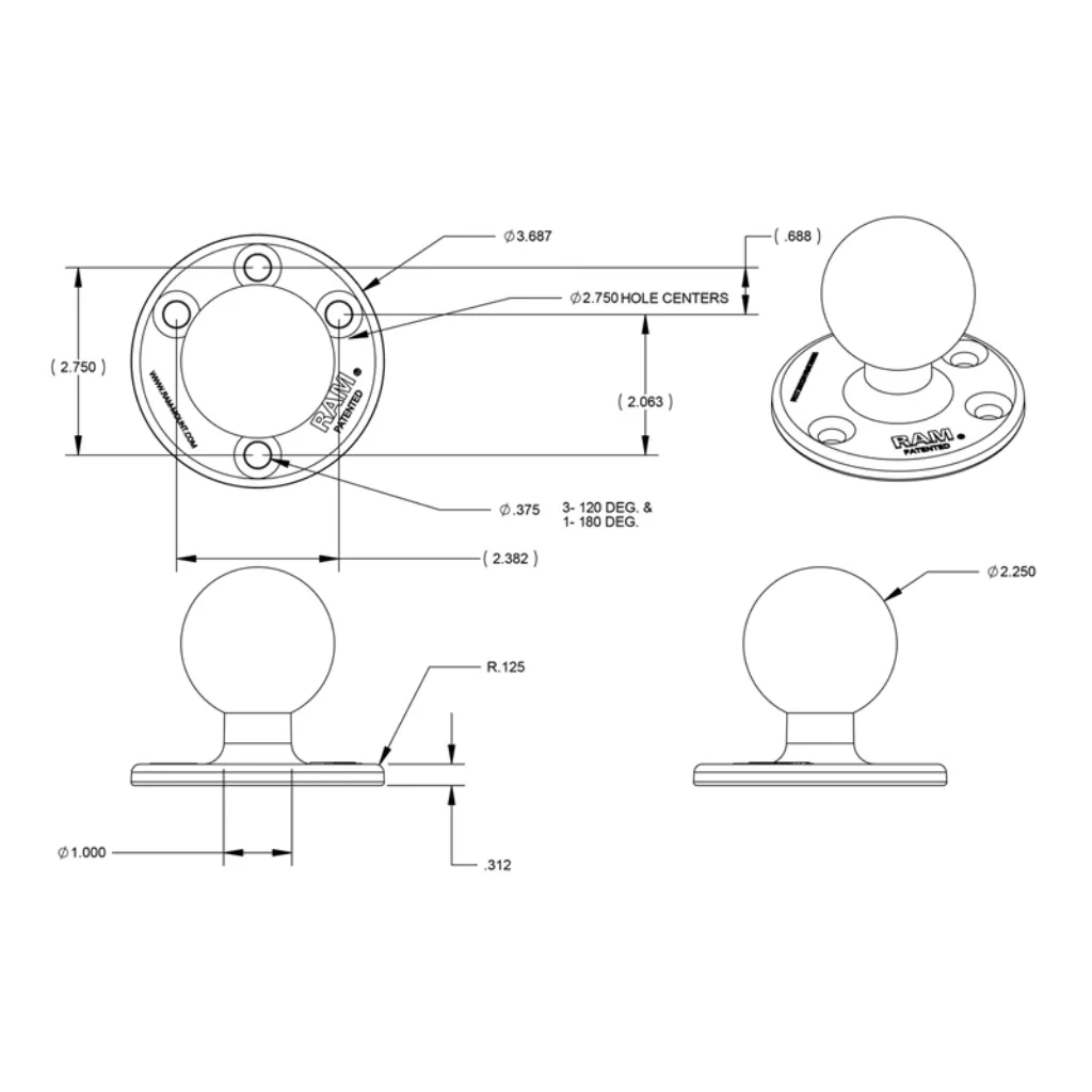Plaque de base ronde avec boule de 2,25 pouces pour support robuste - 2