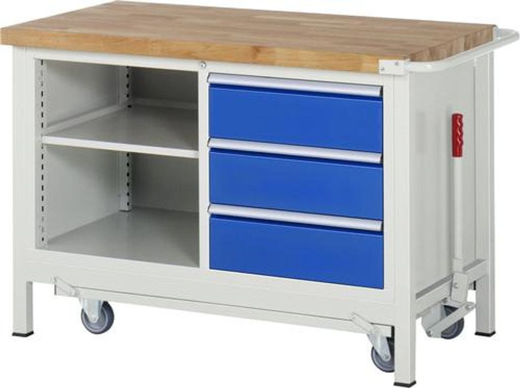Mobile absenkbare Werkbank, 2 Ablageböden, 3 Schubladen - Vollauszug - 180:3 - 880 x 1.250 x 700 mm (HxBxT) - Traglast 1.250 kg - Buche