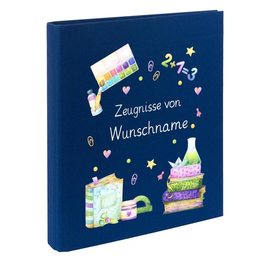 Zeugnismappe mit Namen personalisiert aus Leinen Schulkind Geschenk zur Einschulung Motiv Bücher.Farbe:Dunkelblau