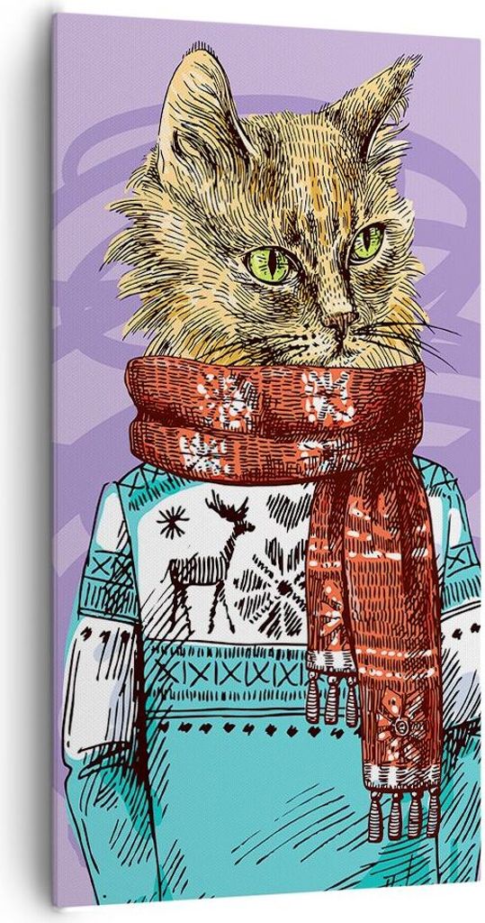Bild auf Leinwand - Leinwandbild - Katze Schal Illustration hipster - 65x120cm - Wand Bild - Wanddeko - Leinwanddruck - Bilder - Kunstdruck - Leinw...