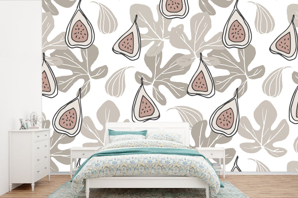 MuchoWow Fototapete für Wohnzimmer oder Schlafzimmer Wandtapete Vinyl Motivtapete Sommer - Feigen - Blätter - 525x350 cm - Das Hintergrundbild