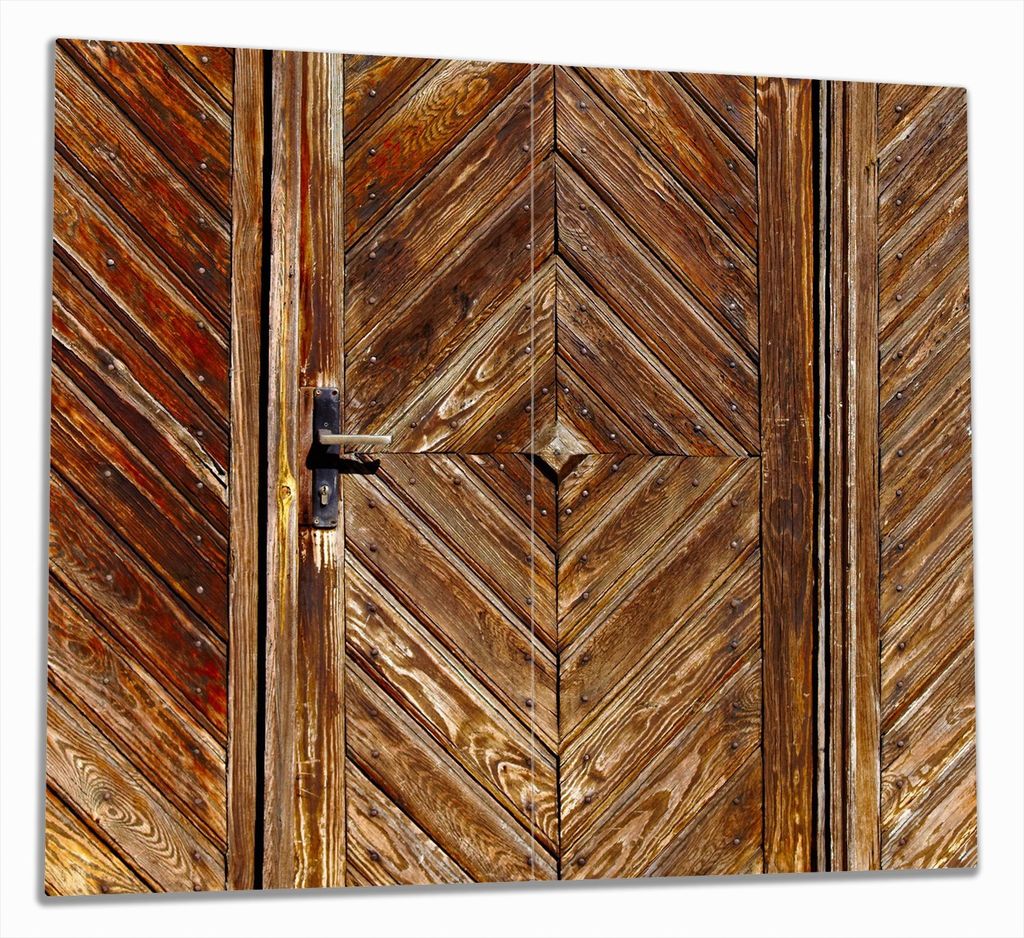Wallario Herdabdeckplatte aus Glas, Größe 60 x 52 cm 2-teilig, Motiv Alte Holztür mit diagonalem Muster