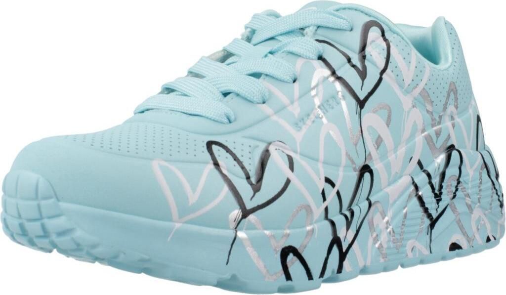 A single turquoise sneaker with a heart pattern is shown from the side against a white background.