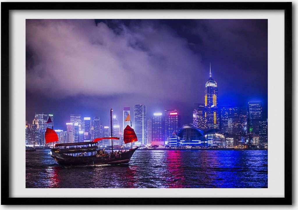 Bild - Bilder - Bilderrahmen - 70 cm x 50 cm - MDF-Rahmen, Wandkunst Hong Kong in der Nacht