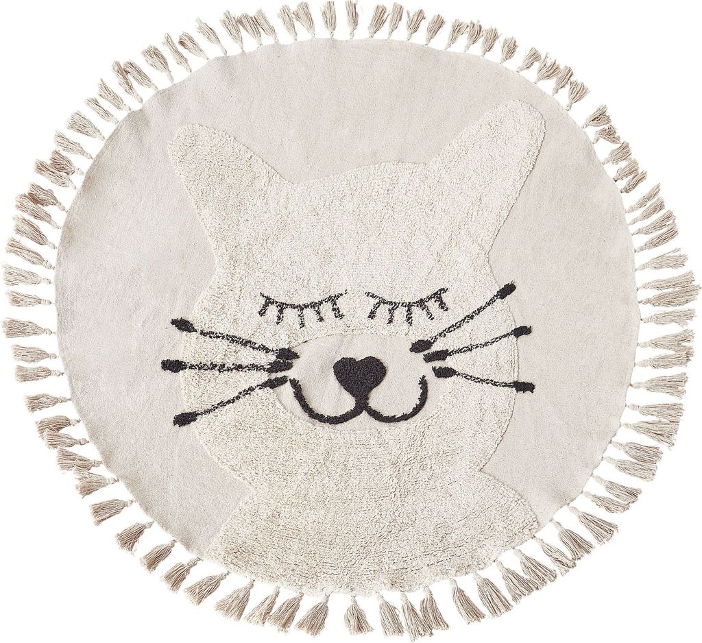 BELIANI Teppich Beige Baumwolle ø 120 cm Rund Dekorative Katze Muster Quasten Boho Stil Wohnzimmer Kinder Kinderzimmer