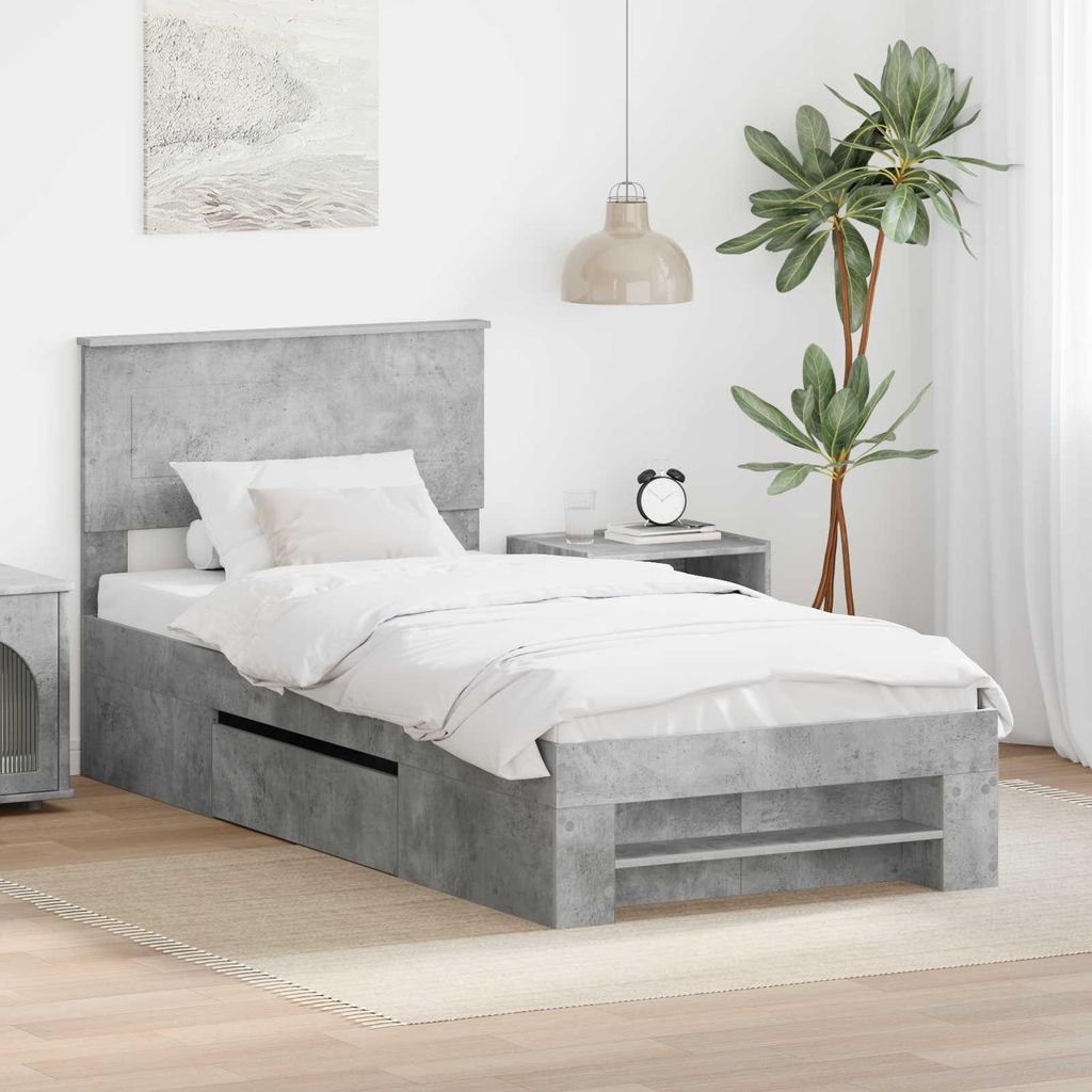 "Schlussverkauf" Einzelbett 1 PLACE - bettrahmen moderne - mit Kopfteil - Beton Grau 90x200 cm Holzwerkstoff C1555