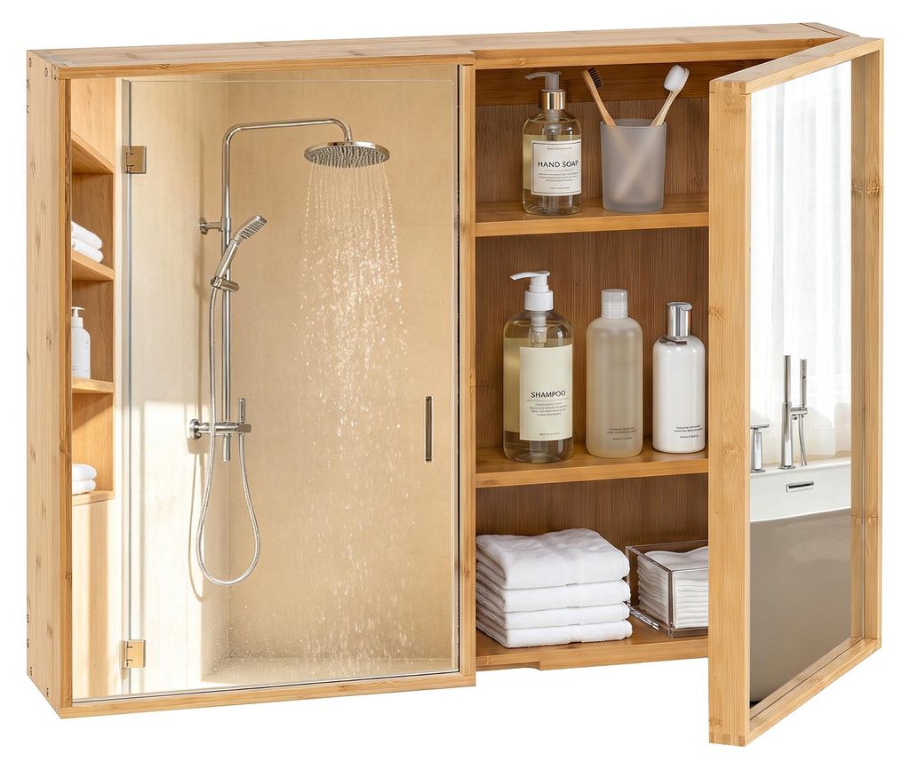 COSTWAY Bambus Spiegelschrank Bad, Badezimmerschrank mit Produktbild 