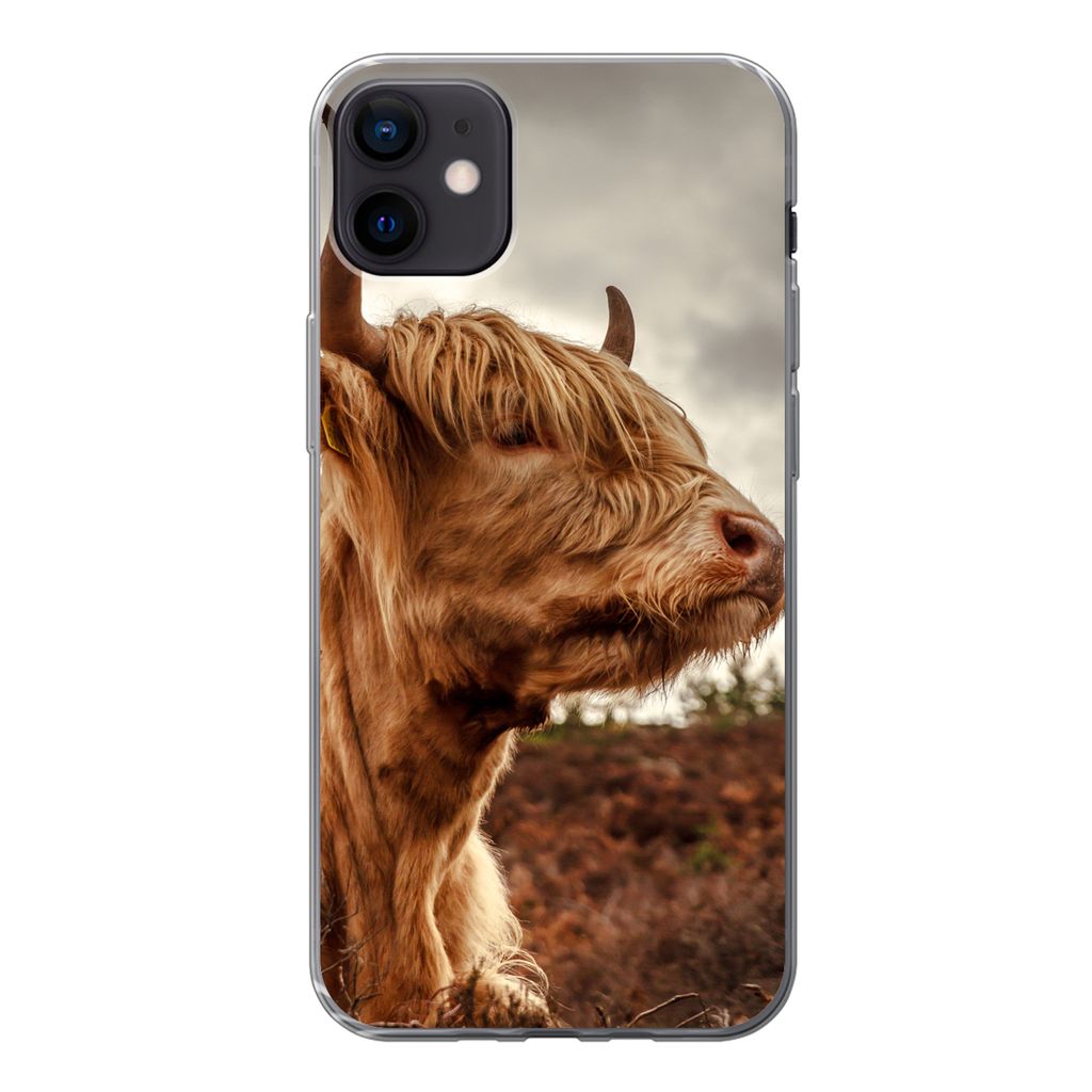 MuchoWow Handyhülle Schutzhülle Hülle für iPhone 12 mini Scottish Highlander - Strauch - Heidekraut Silikon Softcase Handy Hülle - Bild