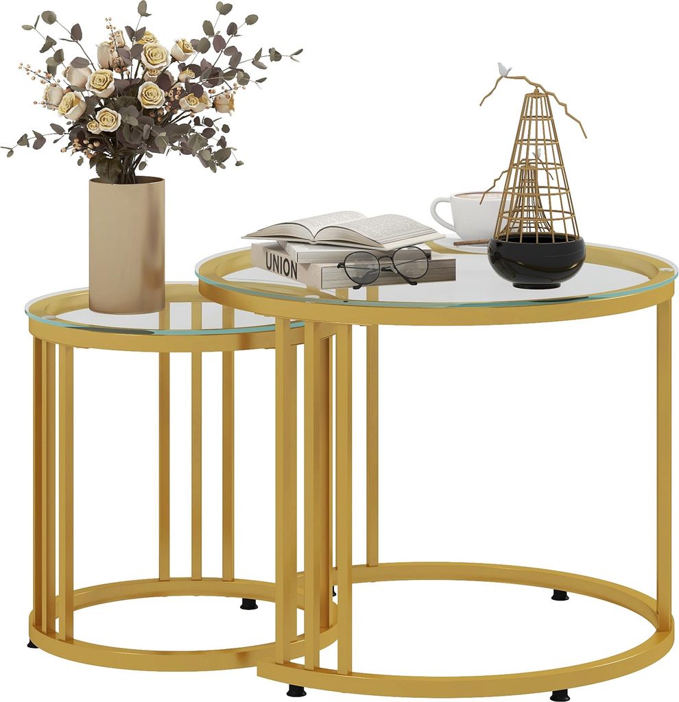 Beistelltisch-Set, 2 Satztische, Kohlenstoffstahl, Glasplatte, Ø60x47/Ø40x42 cm, Gold