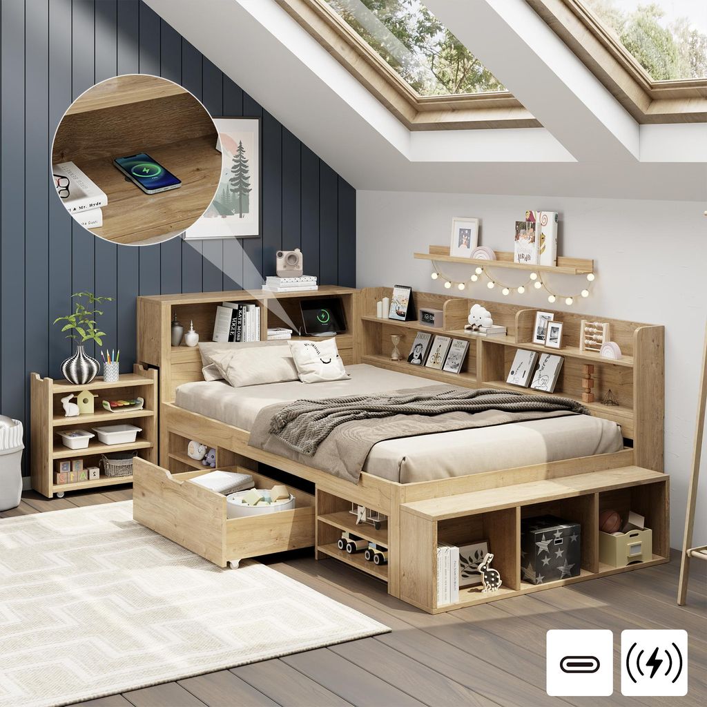 A bedroom with a wooden bed frame, shelves, and a nightstand, featuring a skylight.