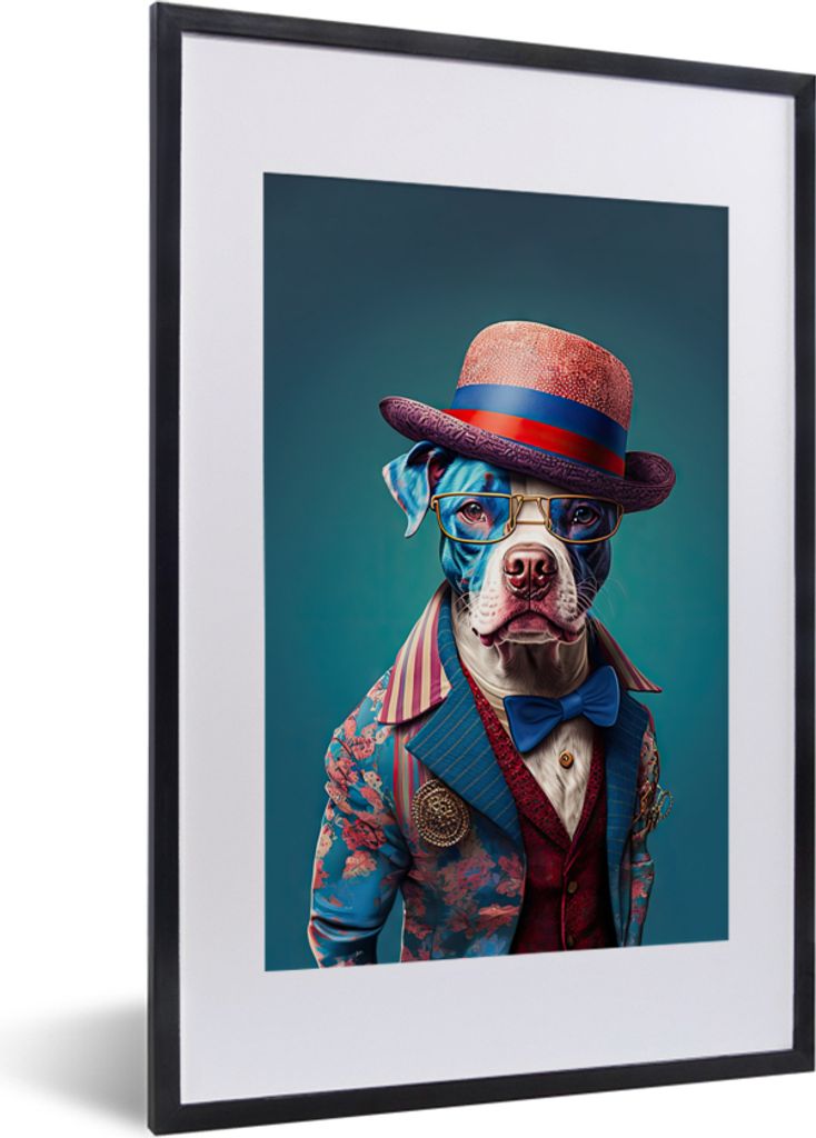 MuchoWow Gerahmtes Poster Hund - Hut - Jacke - Blumen - Blau 40x60 cm - Poster mit Schwarzem Bilderrahmen Wandposter Rahmen Foto Bilder - Poster ...