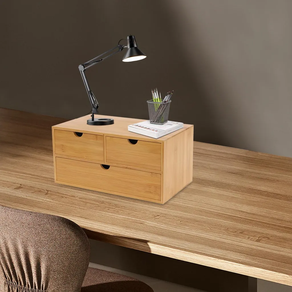 Organisateur de bureau en bambou - Petit meuble de rangement 3 tiroirs - 4