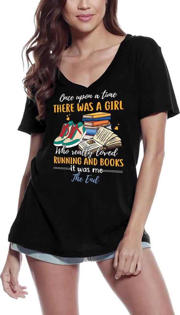 Damen Grafik T-Shirt V-Ausschnitt Ein Mädchen das das Laufen und Bücher wirklich liebte - Läuferin – A Girl Who Really Loved Running And Books