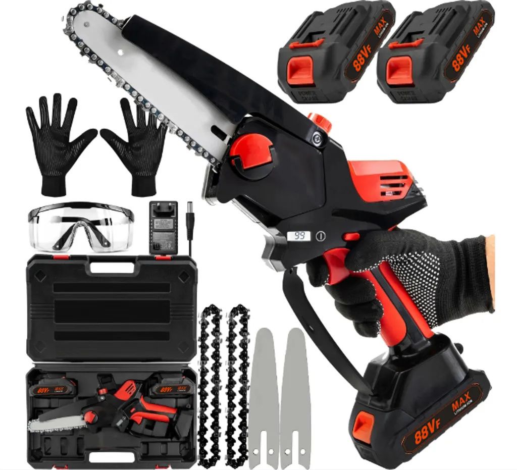 6" Zoll Akku-Kettensäge Fortschrittliche Digitalanzeige mit 2 Batterien, mit Sicherheitsverriegelung, kleine und handliche Kettensäge