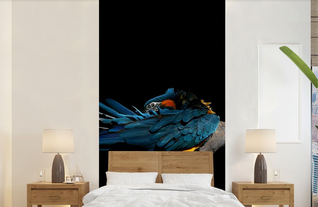 MuchoWow Fototapete für Wohnzimmer oder Schlafzimmer Wandtapete Vinyl Motivtapete Vogel - Federn - Zweig - Schwarz - 120x240 cm - Hintergrundbild