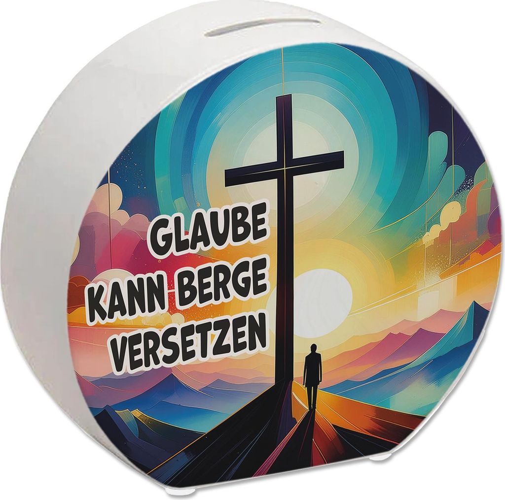 Gipfelkreuz Spardose mit Spruch: Glaube kann Berge versetzen