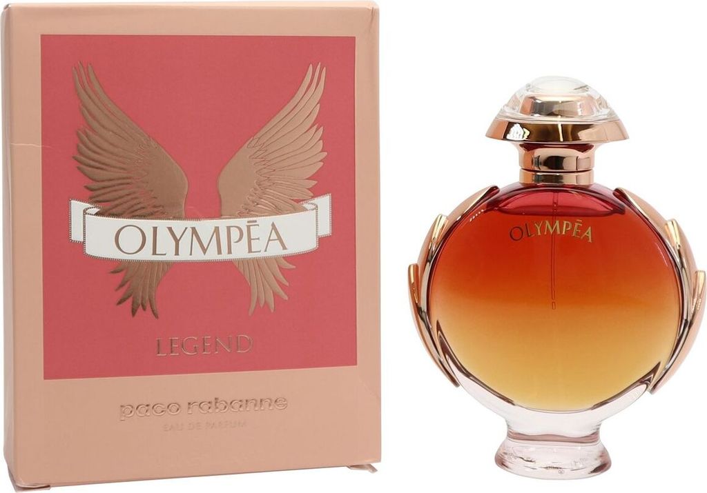 Paco Rabanne Olympéa Legend Parfumflakon mit Farbverlauf von Dunkelrot zu Gold und passender rosa-goldener Box mit Flügelmotiv.