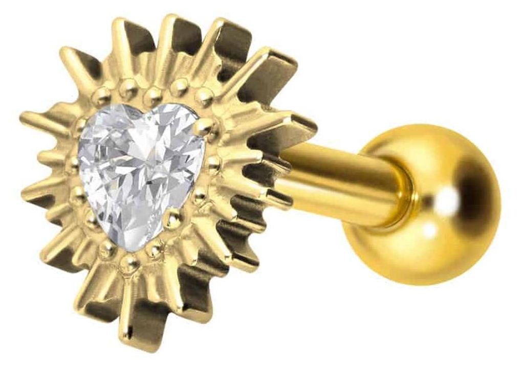 Ohrpiercing Titan Ohrpiercing mit Innengewinde KRISTALLHERZ + SONNENSTRAHLEN Gold Stablänge: 6mm