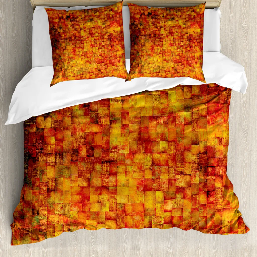 ABAKUHAUS Copripiumino arancione bruciato, mosaico vintage grunge, antiacaro, adatto a chi soffre di allergie, con federe, 200 cm x 200 cm - 80 x 80 cm, arancione senape