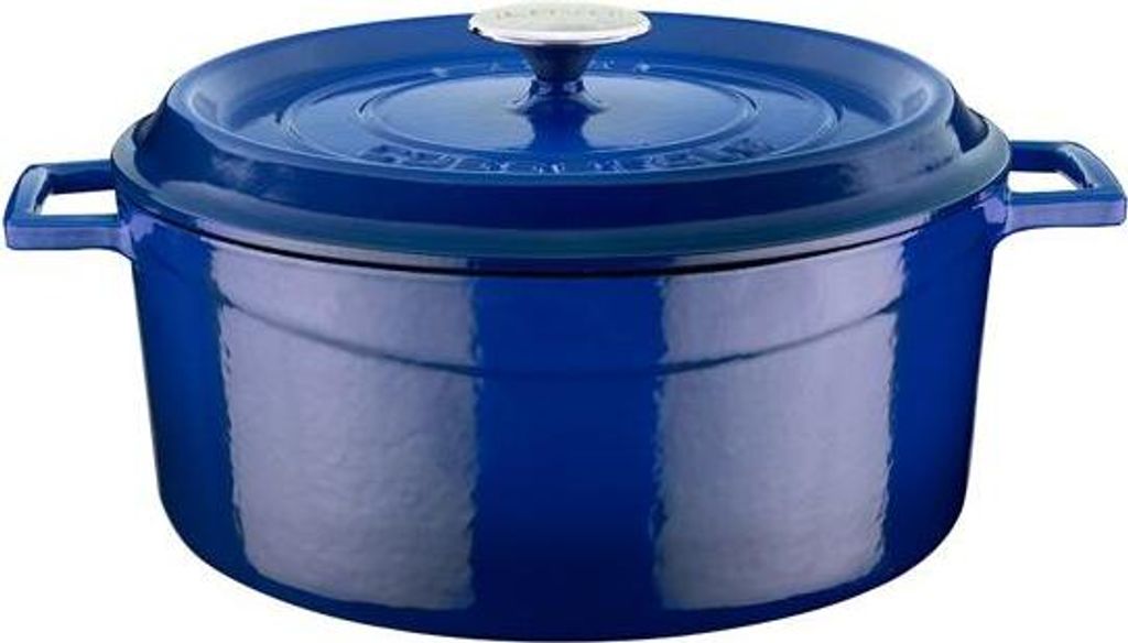 A blue enameled cast iron pot with a lid.