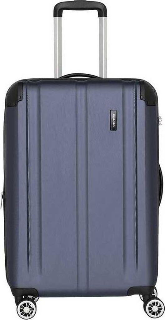 A blue suitcase with a retractable handle and wheels.
