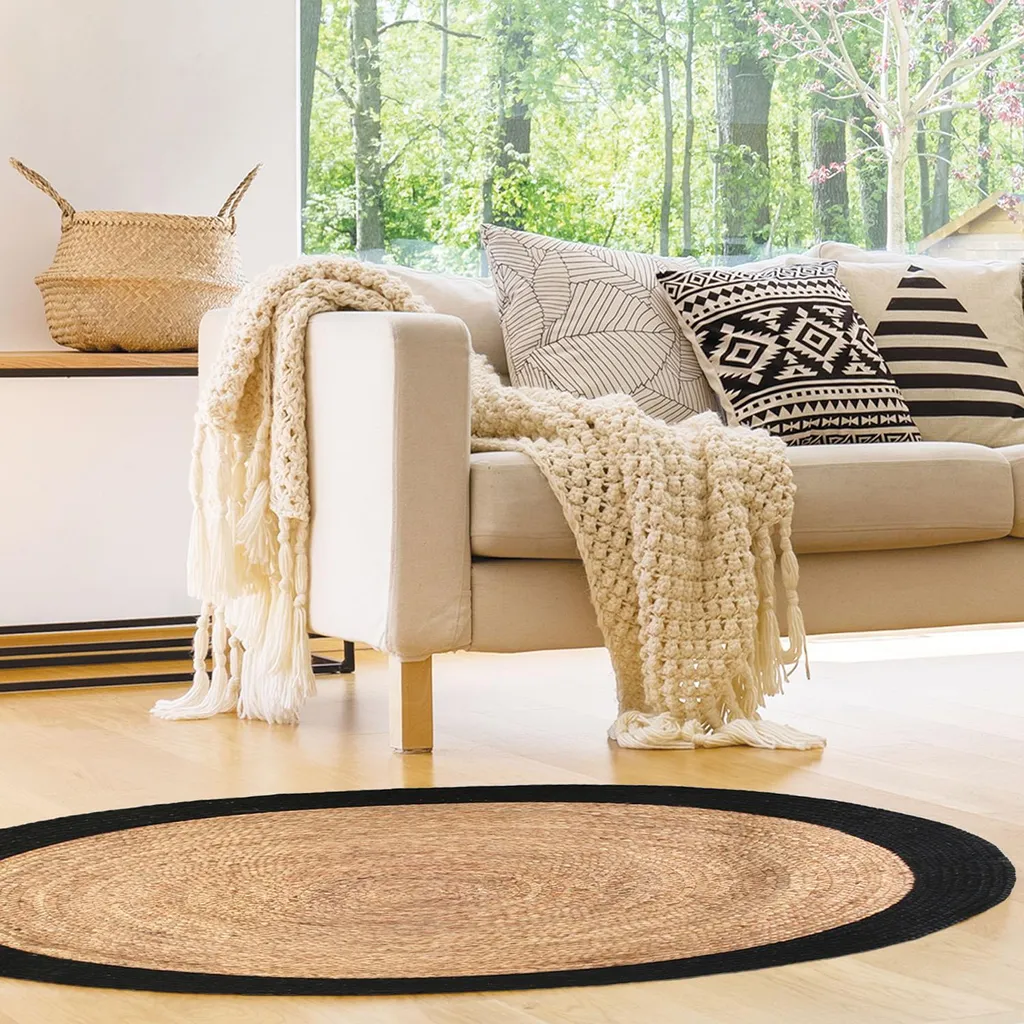 Tapis Rond 120 cm Jute et Noir - Idéal sous Table Basse ou Chambre