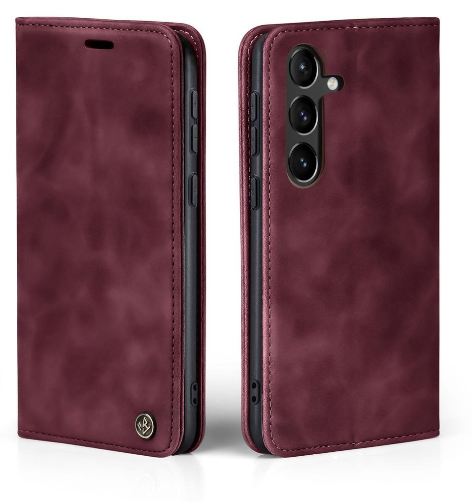 A burgundy flip case for a smartphone is shown from two angles.