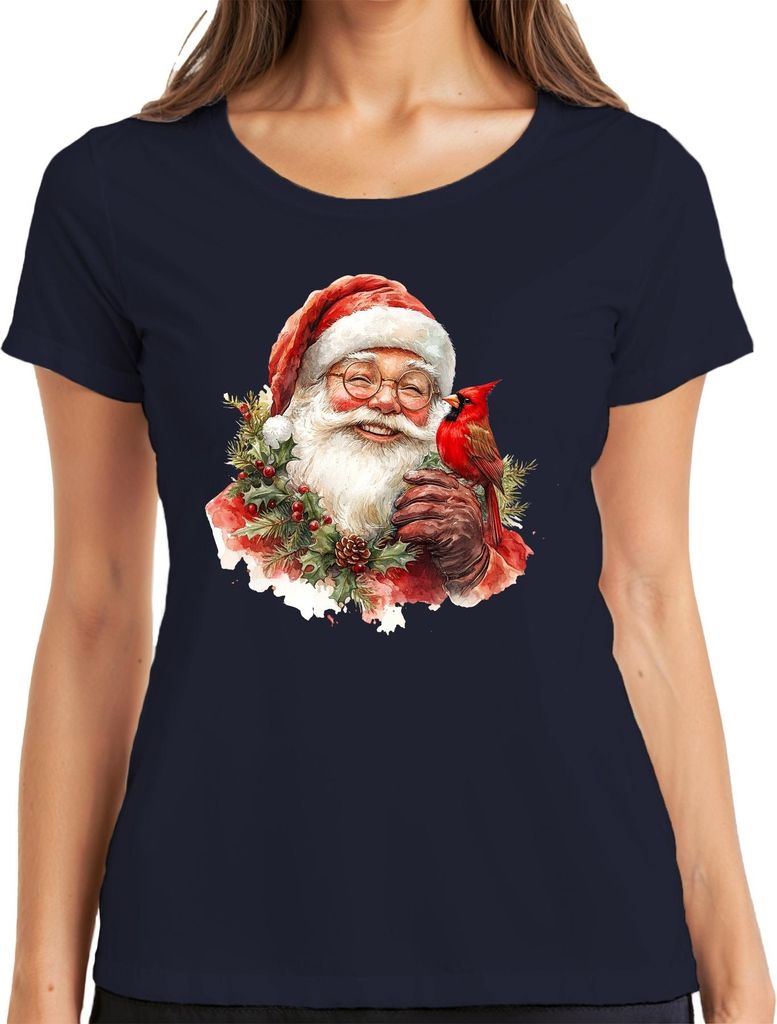 Weihnachtsmann Kardinal Vogel Stechpalme Kiefernzapfen Aquarell Damen T-Shirt, Navy, M