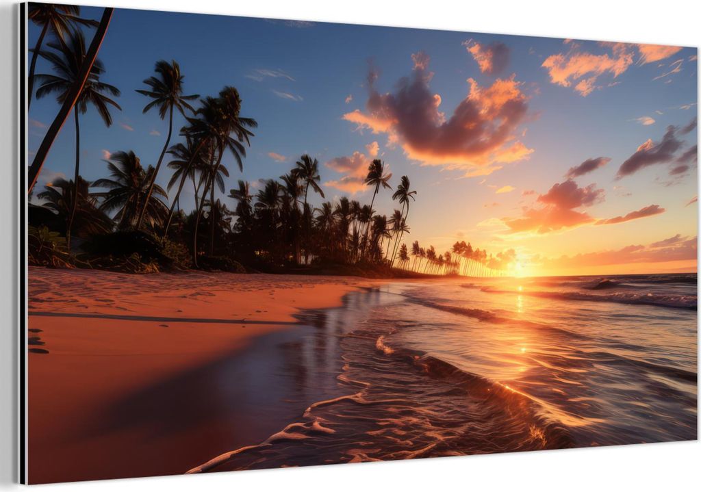 MuchoWow Wanddekoration Metall Metallbild Wandkunst 80x40 cm Sonnenuntergang - Meer - Horizont - Strand - Palmen MuchoWow Aluminium Gemälde - Wand...