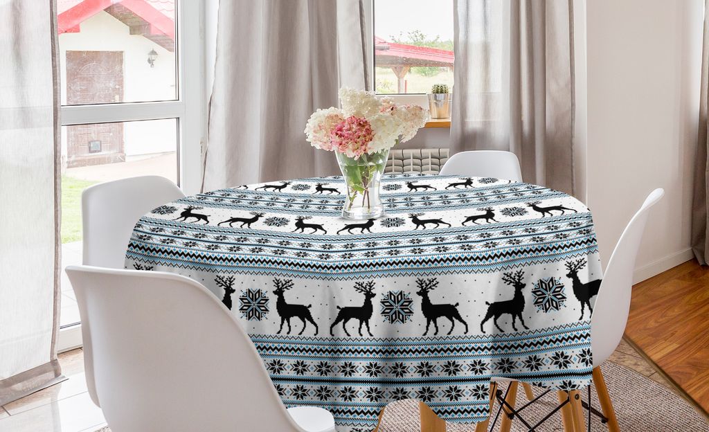 ABAKUHAUS nordisch Runde Tischdecke, Zick-Zack-Rentier und Schnee, Kreis Tischdecke Abdeckung für Esszimmer Küche Dekoration, 150 cm, Schwarz Wei...