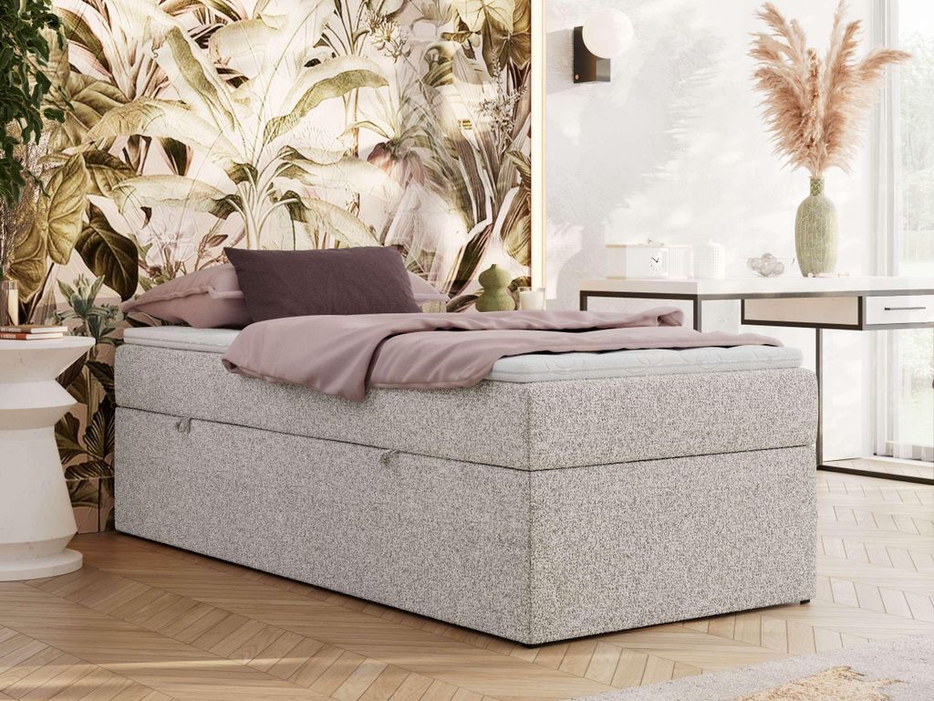 MKS MEBLE Boxspringbett 90x200 ZERO mit Bettkasten und Multipocket-Matratze - Polsterbett ohne Kopfteil, 7-Zonen-Taschenfederkern - Hellgrau Strukt...