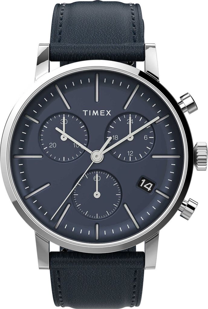 A close-up studio shot of a Timex chronograph watch with a blue dial and a dark blue leather strap.