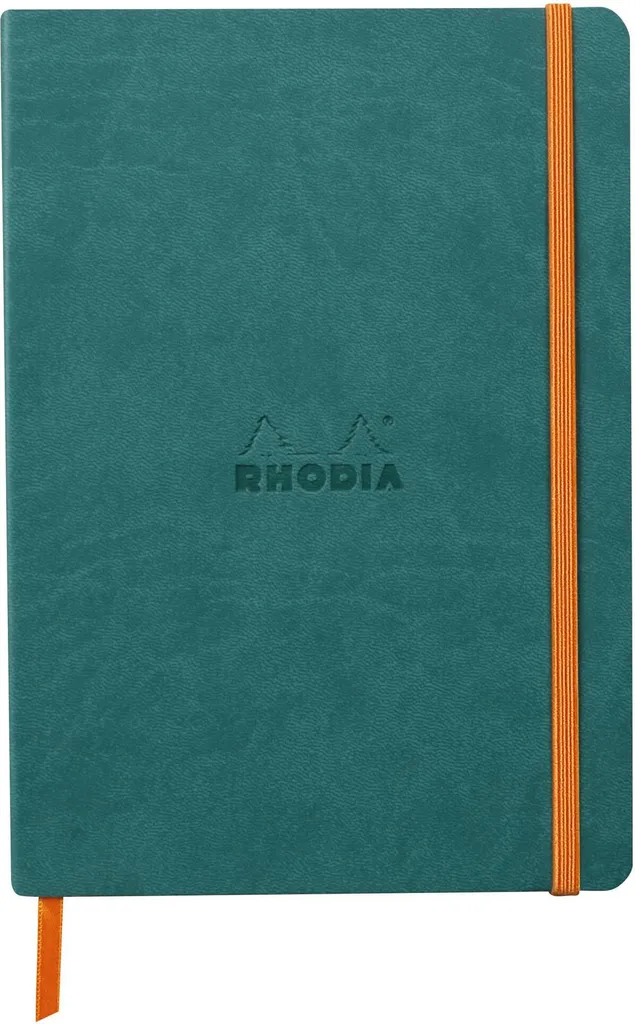 Rhodia 117376C - Taccuino con copertina morbida Rhodiarama DIN A5 (14,8x21 cm), 80 fogli, carta Clairefontaine foderata avorio 90g segnalibro, chiusura elastica, copertina in Pelle finta verde pavone, 1 pezzo