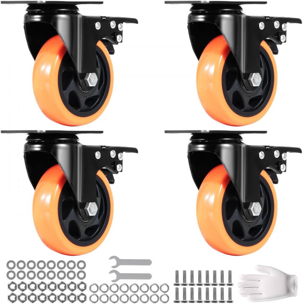 Schwerlastrollen-Set 4er - Lenkrollen PVC φ101,6mm - Laufrollen 635kg Tragfähigkeit - Transportrollen mit A/B-Bremsen - Kastenrollen 360° Drehba...