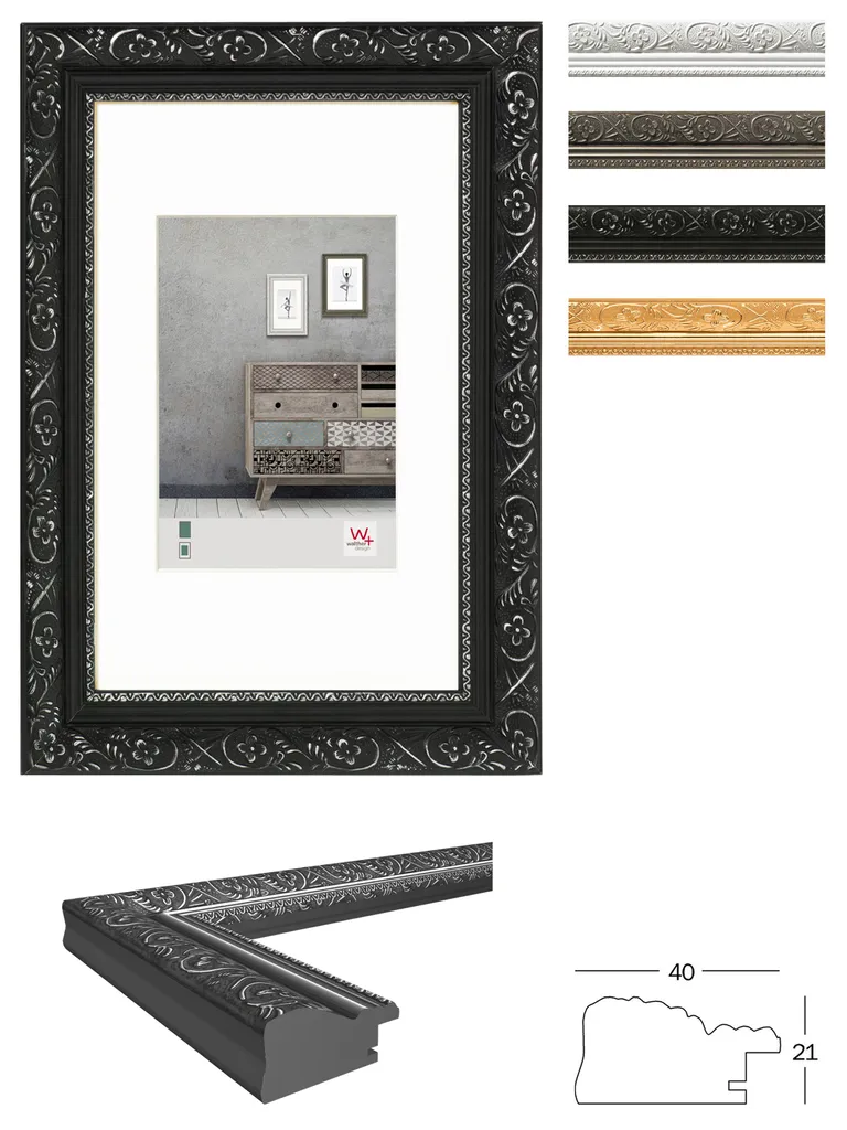 Cornice Walther Barock 30x40 CR040B Legno Nero Argento per Foto Arte - 7