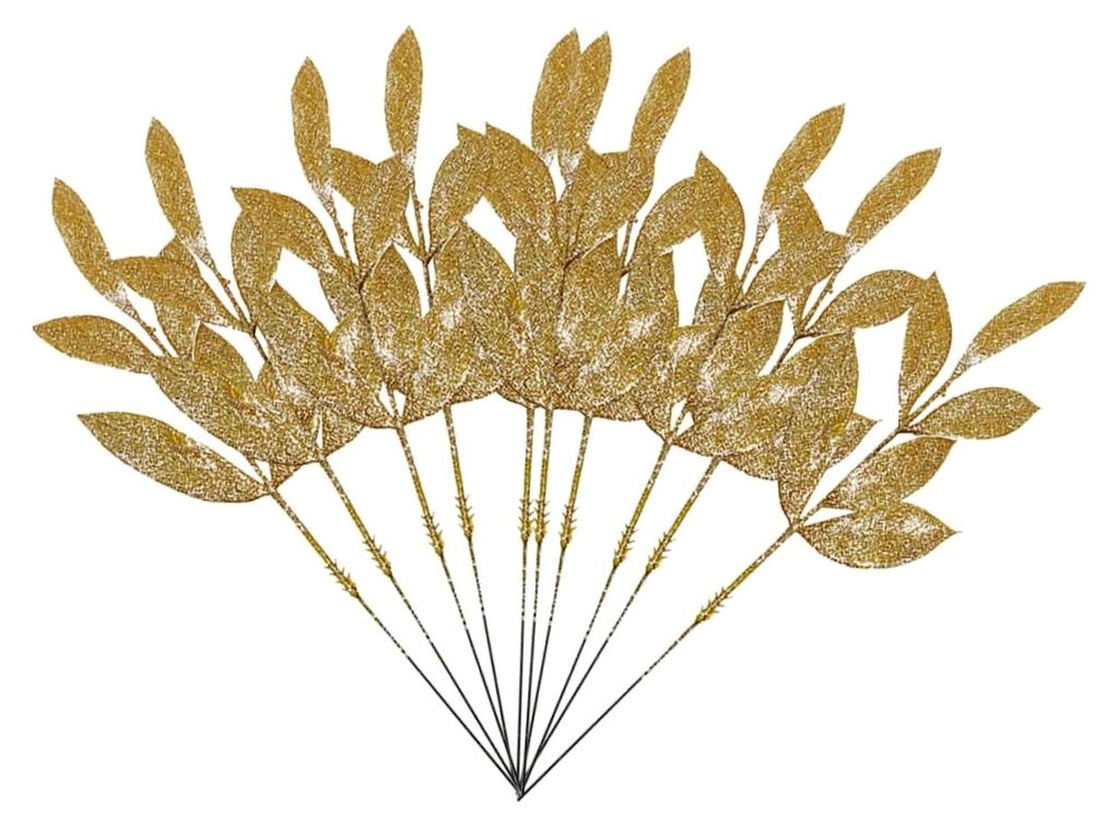 Weihnachtsblatt Picks 10 Stück Glitzernde Künstliche Stiele Gold für Kränze, Blumenarrangements, Tischdekoration und Weihnachtsbaum