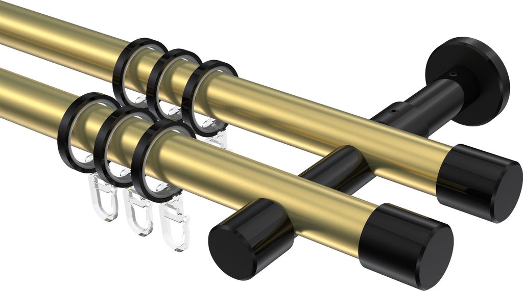 Interdeco Gardinenstange / Vorhangstange Messing-Optik / Schwarz, Typ Prestige Santo (Kappe), 20 mm Ø 2-läufig, 520 cm
