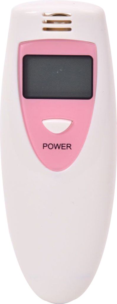 A white and pink breathalyzer device against a white background.