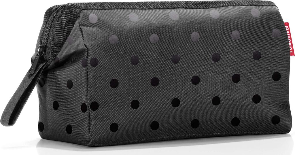 A black polka dot toiletry bag on a white background.