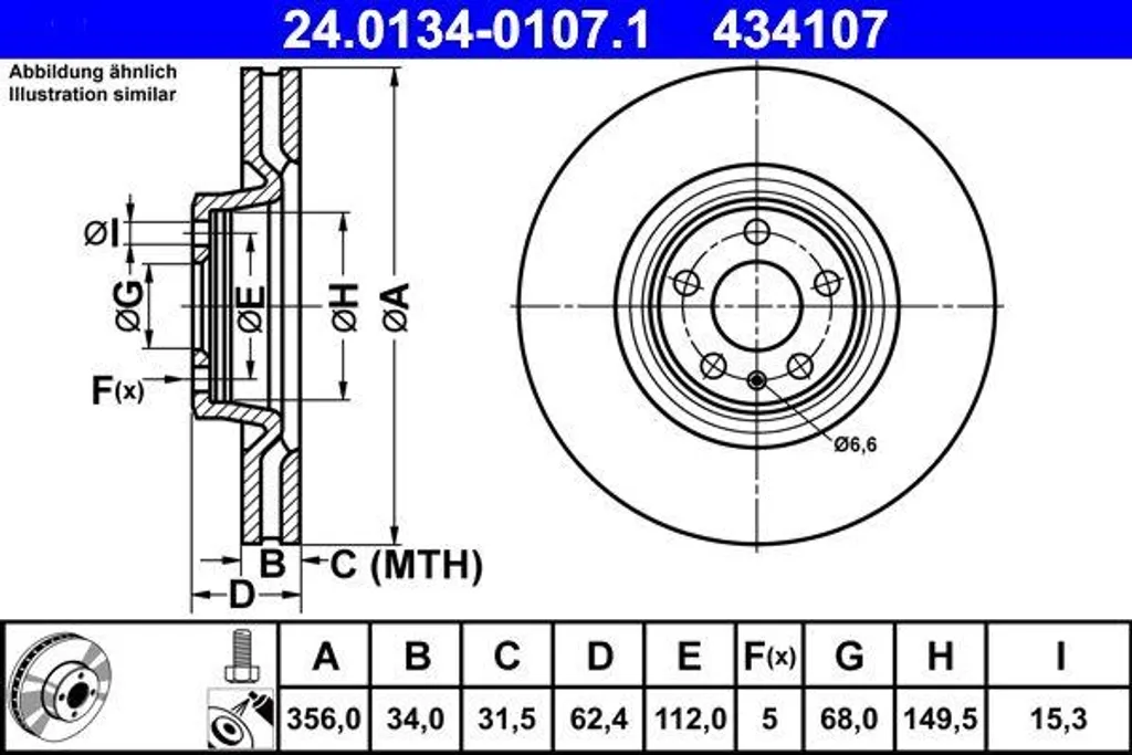 Disque de frein ATE 24.0134-0107.1 - 4G0615301C pour Audi A6 4G