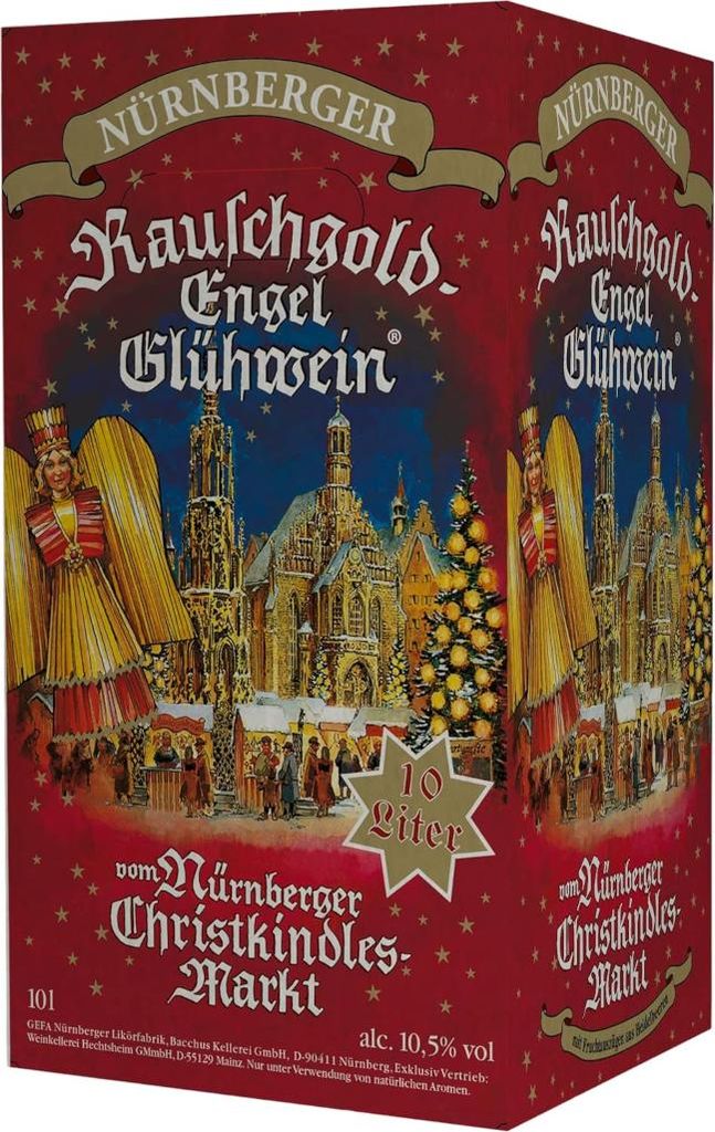 A box of Rauschgold Engel Nürnberger Glühwein, decorated with a Christmas market scene and an angel.