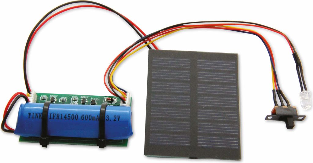 A solar-powered lighting unit with a battery, solar panel, and LED light.