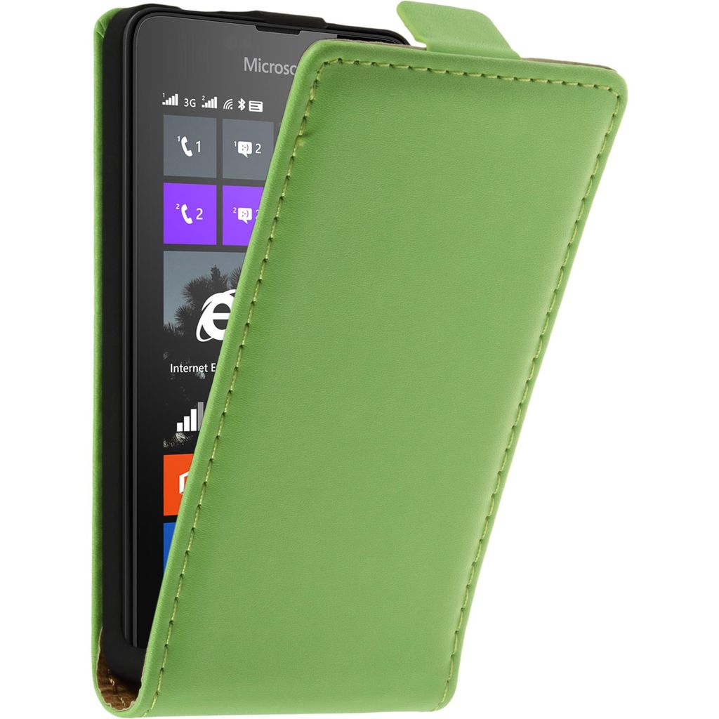 PhoneNatic Kunst-Lederhülle kompatibel mit Microsoft Lumia 430 Dual - Flip-Case grün + 2 Schutzfolien