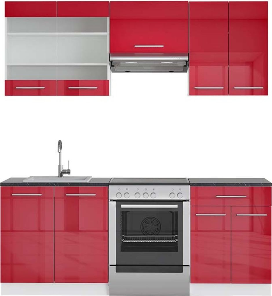 Küchenzeile Vicco Fame-Line Bordeaux Hochglanz/Weiß 200 cm , AP Anthrazit, Model 42599