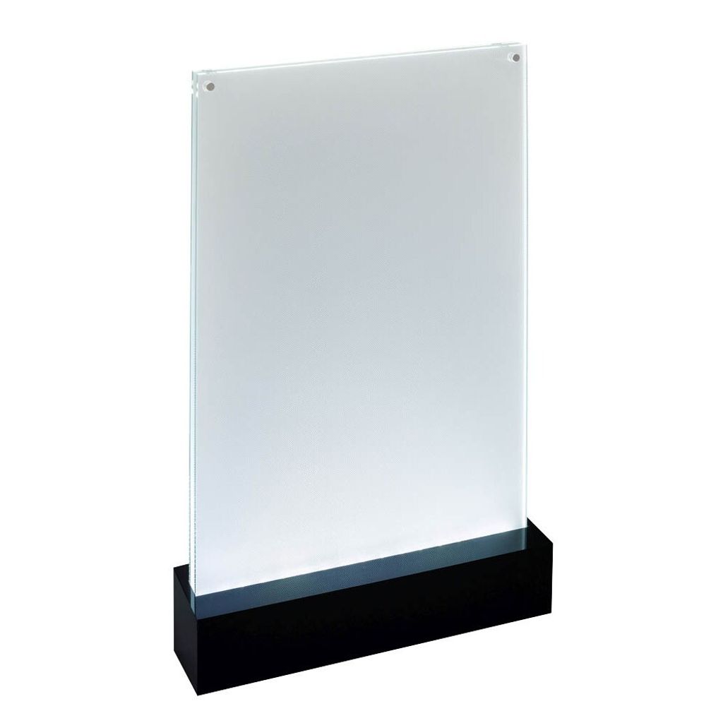 A clear acrylic sign holder with a black base, presented on a white background.