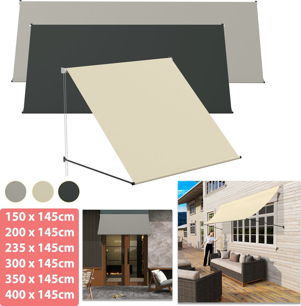 LARS360 Balkonmarkise 300x145 cm Beige zum Ausfahren – Sonnenschutzmarkise zur Wandmontage aus Polyester & Aluminium, UV-beständig & platzsparen...