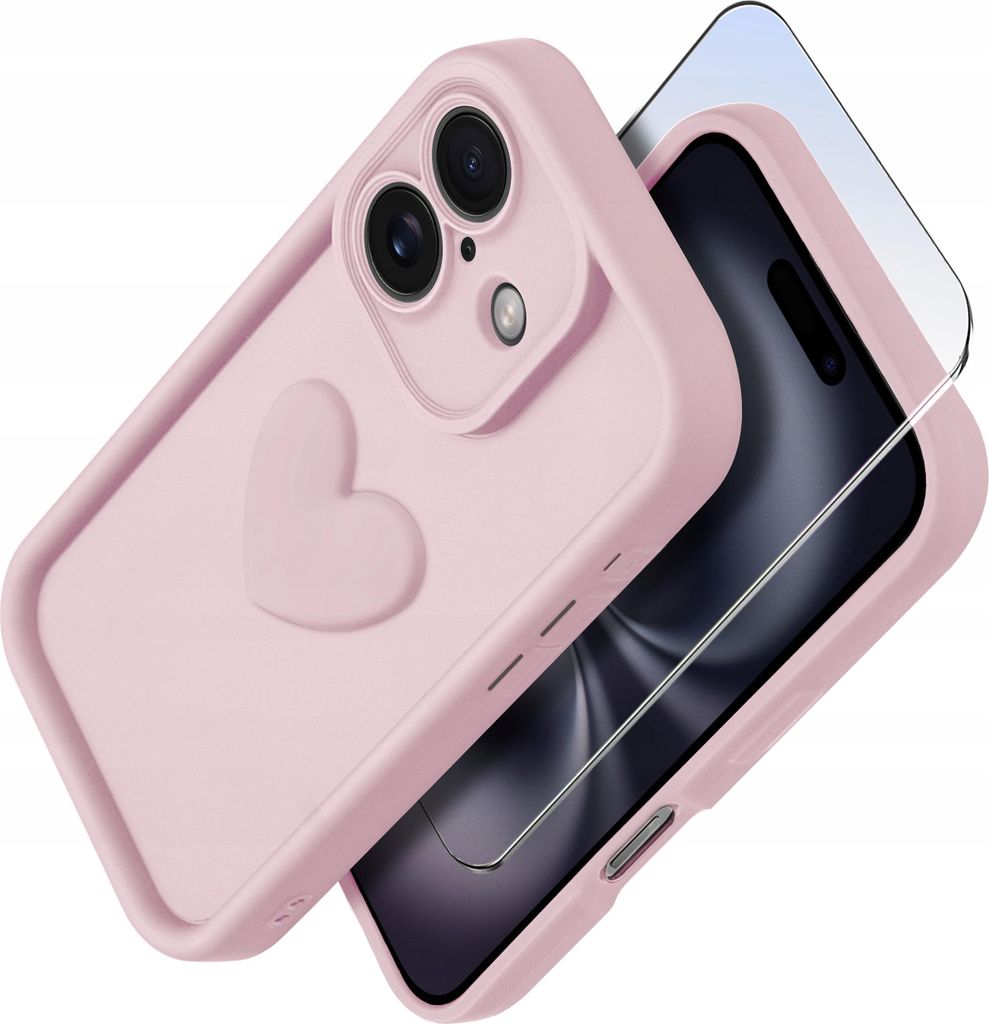 Silikonhülle für iPhone 16 Plus MATT Herz + 9H Displayschutzglas