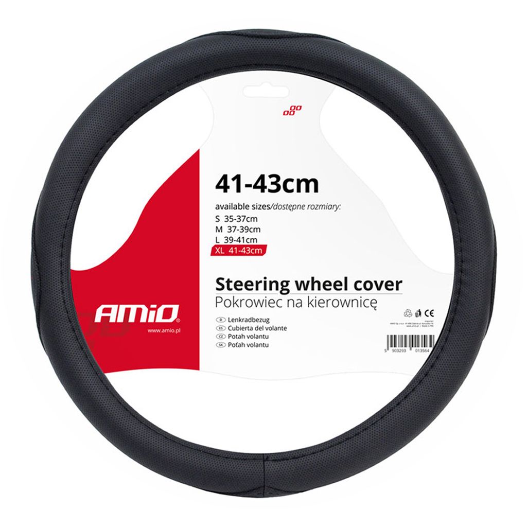 A steering wheel cover is displayed on a white background, with packaging information visible.