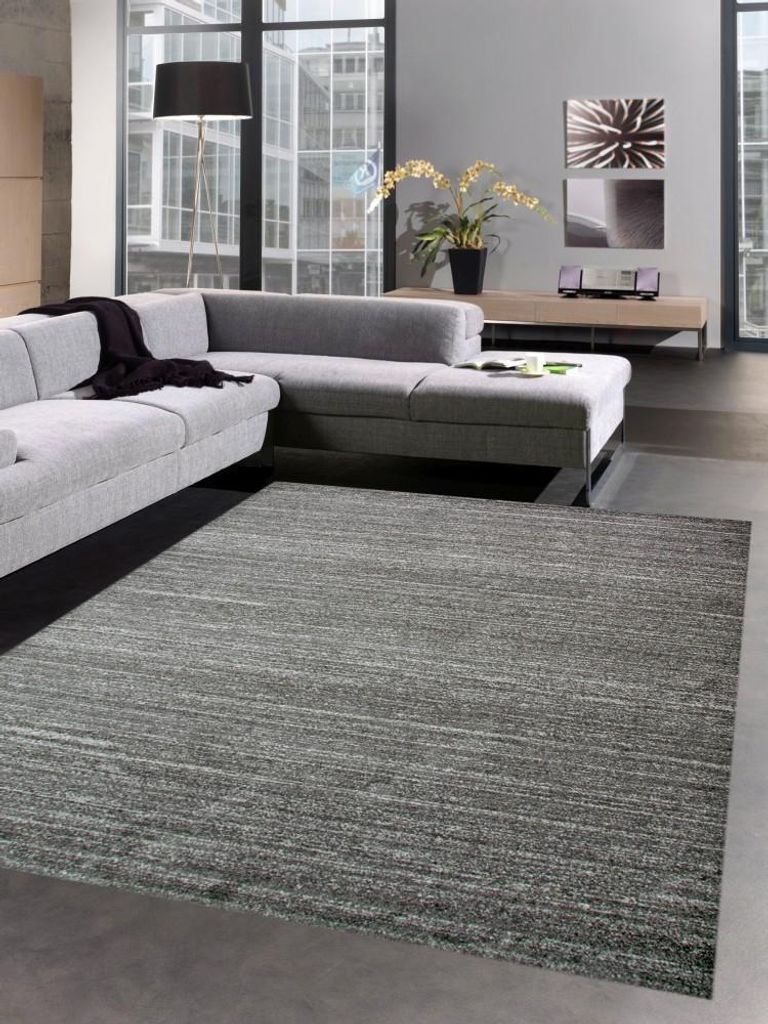 Moderner Teppich Wohnzimmerteppich Kurzflor uni anthrazit grau meliert Größe - 80 x 300 cm